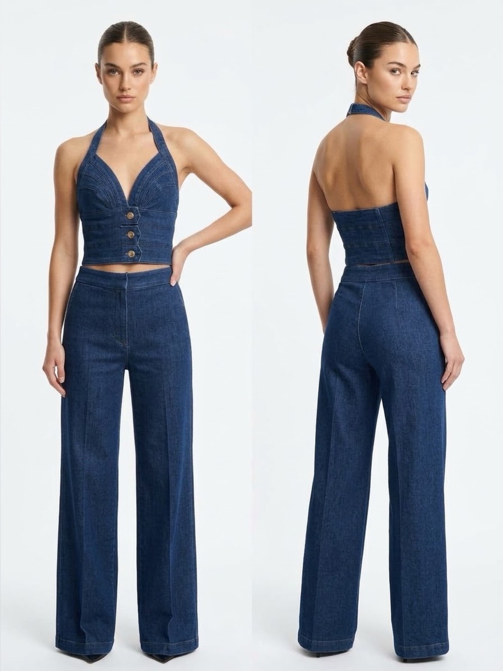 V-Neck Denim Halter Corset Crop Top with Gold Buttons Size Medium